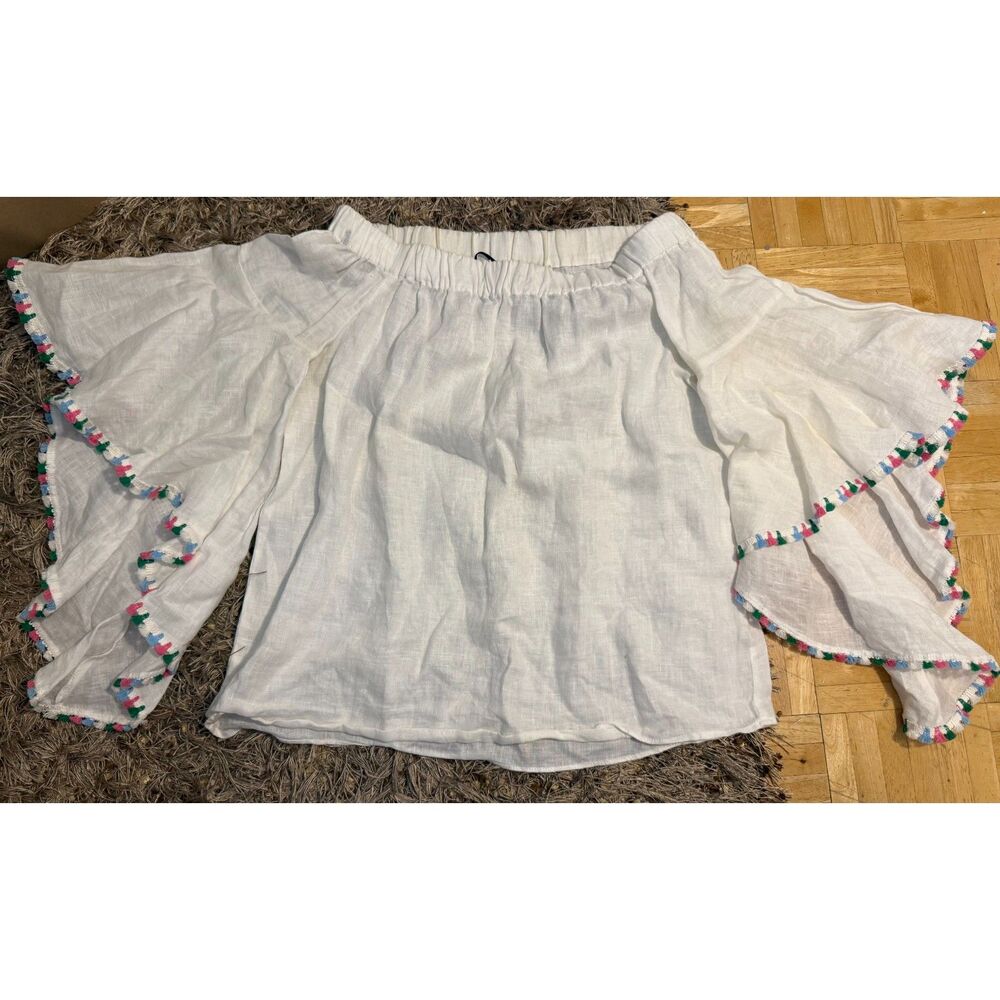Zara Linen Blend Flowy Sleeve White Top Size XS